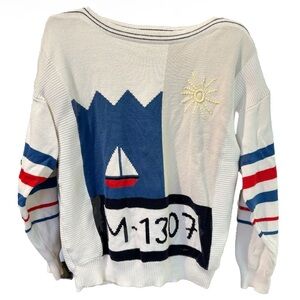 Vintage 1980s Spanner Imports Sailboat Knit Sweater 100% Cotton White Blue Boat